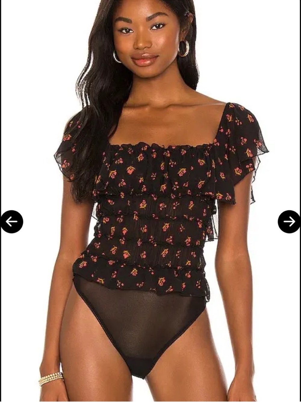 Free People Black Floral Ruffle Square-Neck Bodysuit